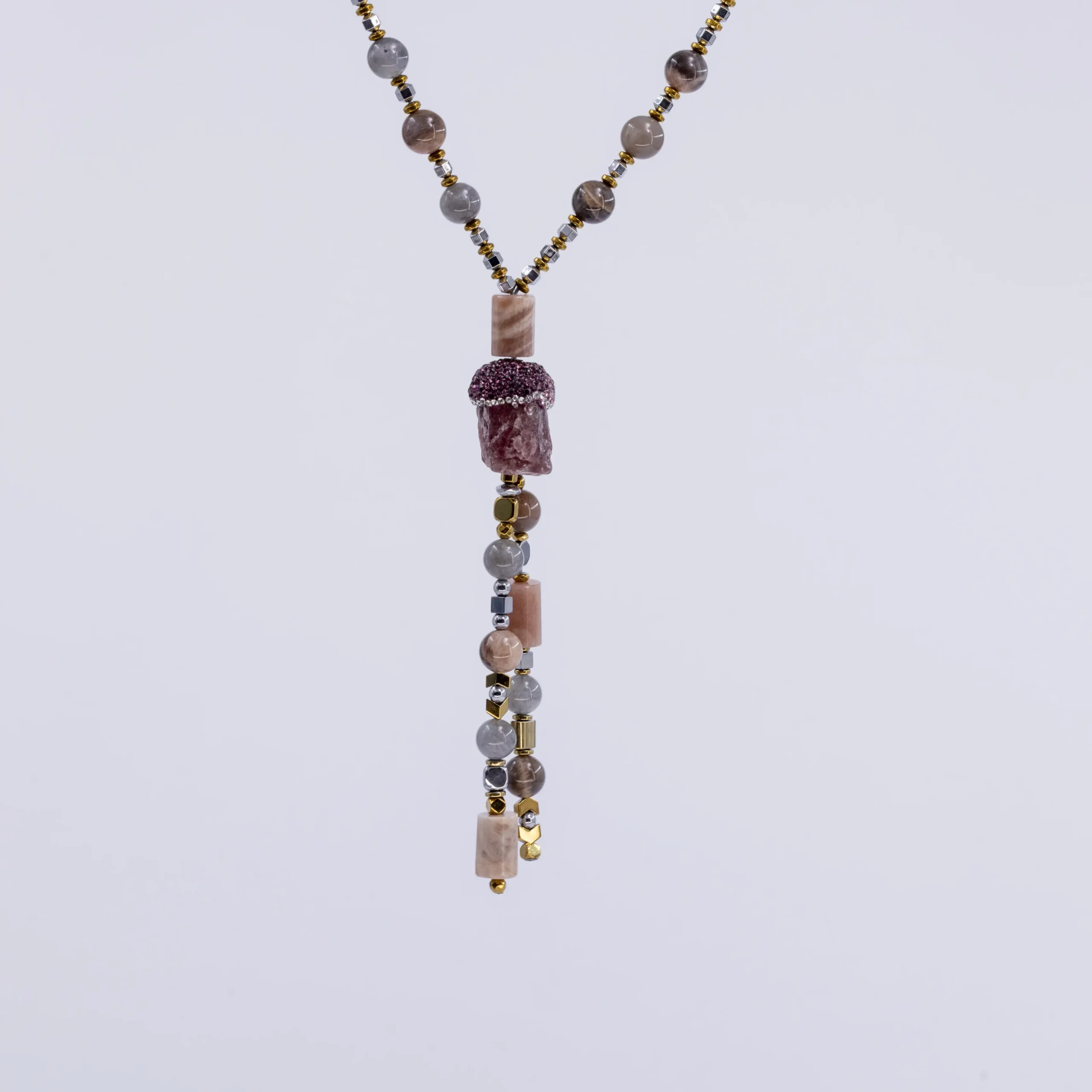 Long moonstone & hematite necklace with quartz tassel - Image 3