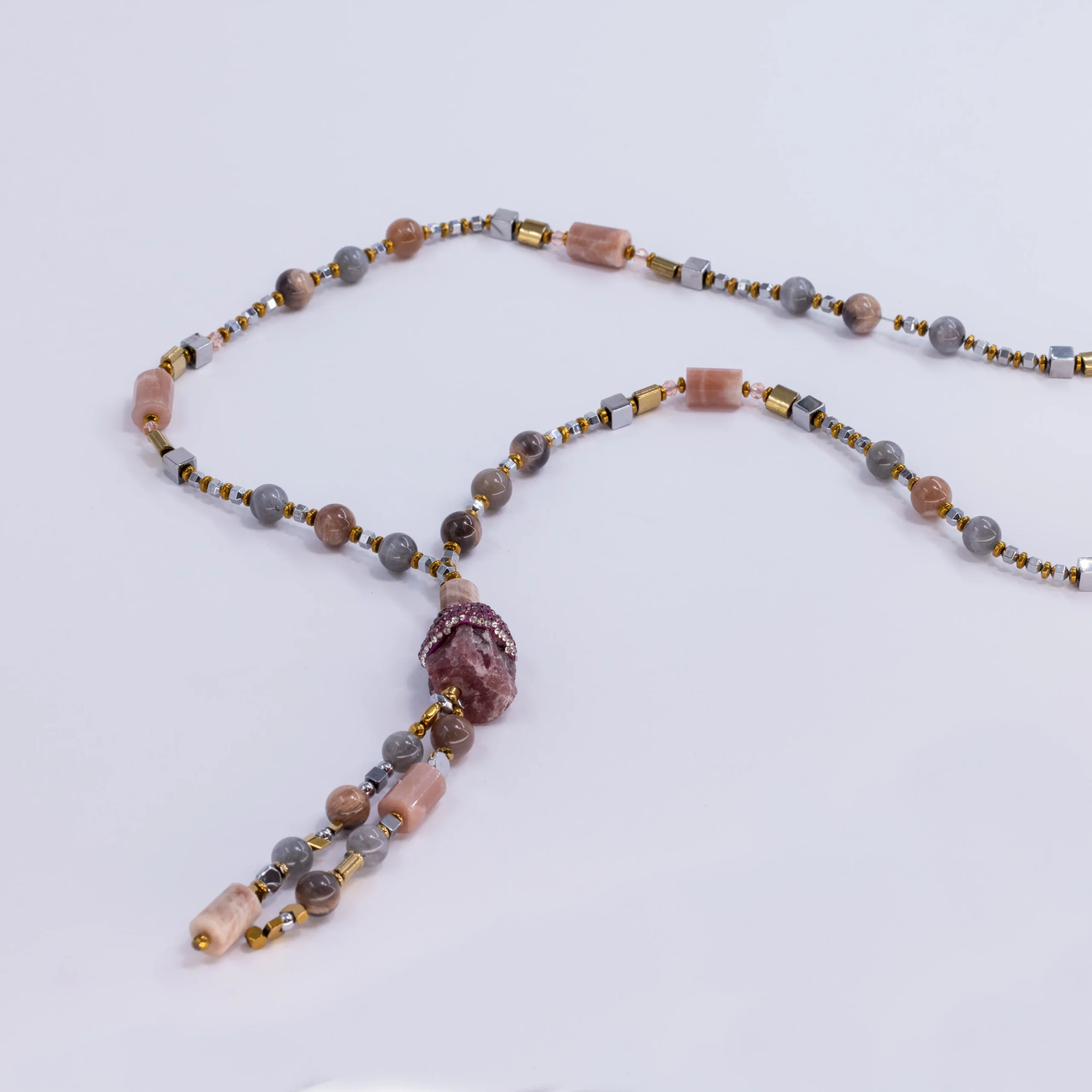 Long moonstone & hematite necklace with quartz tassel - Image 4