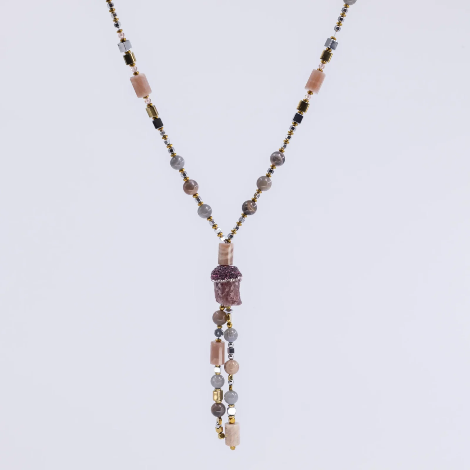 Long moonstone & hematite necklace with quartz tassel