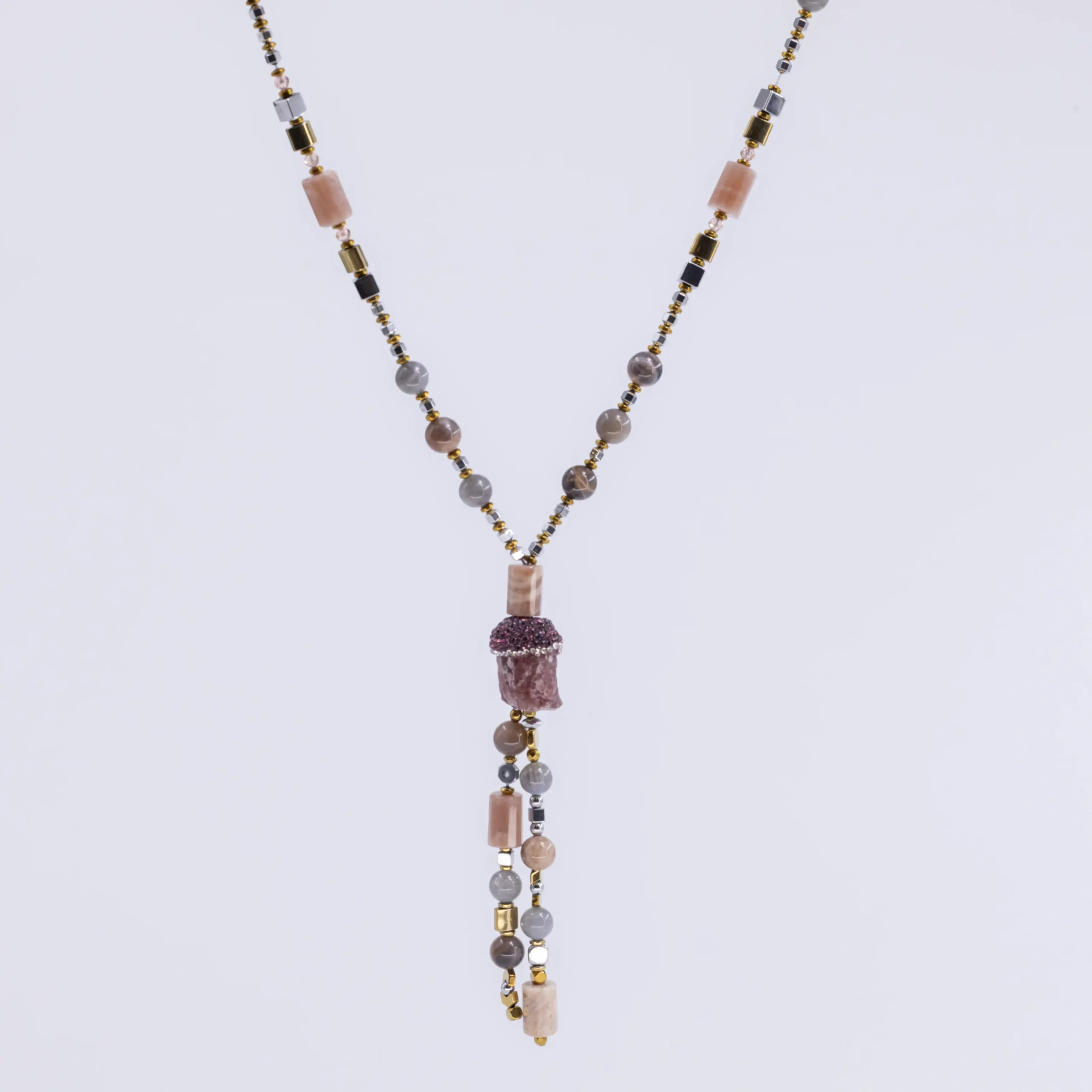 Long moonstone & hematite necklace with quartz tassel