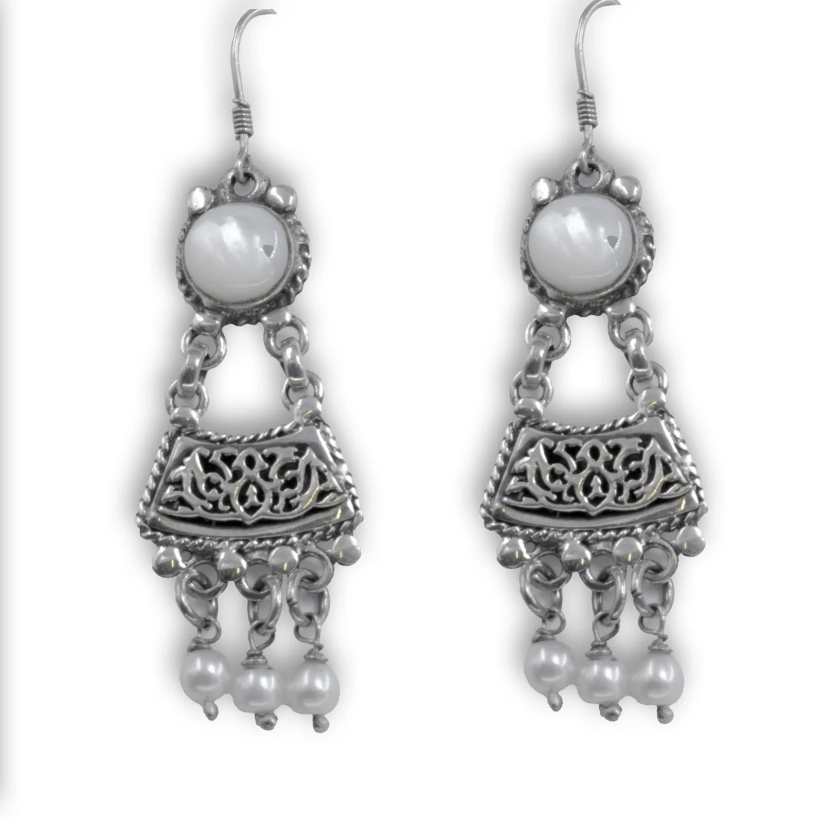 Silver Earrings with White Mother of Pearl and Pearls