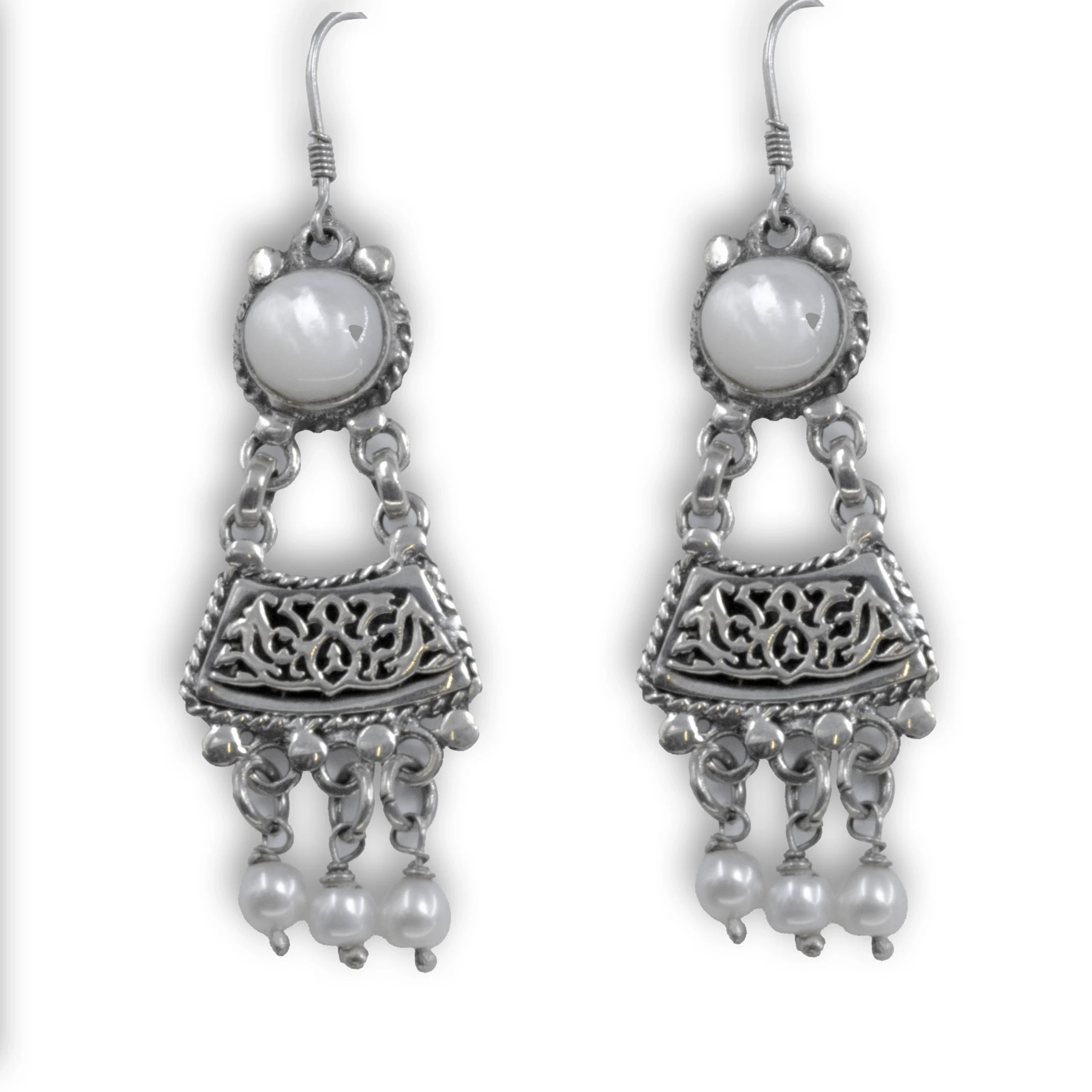 Silver Earrings with White Mother of Pearl and Pearls