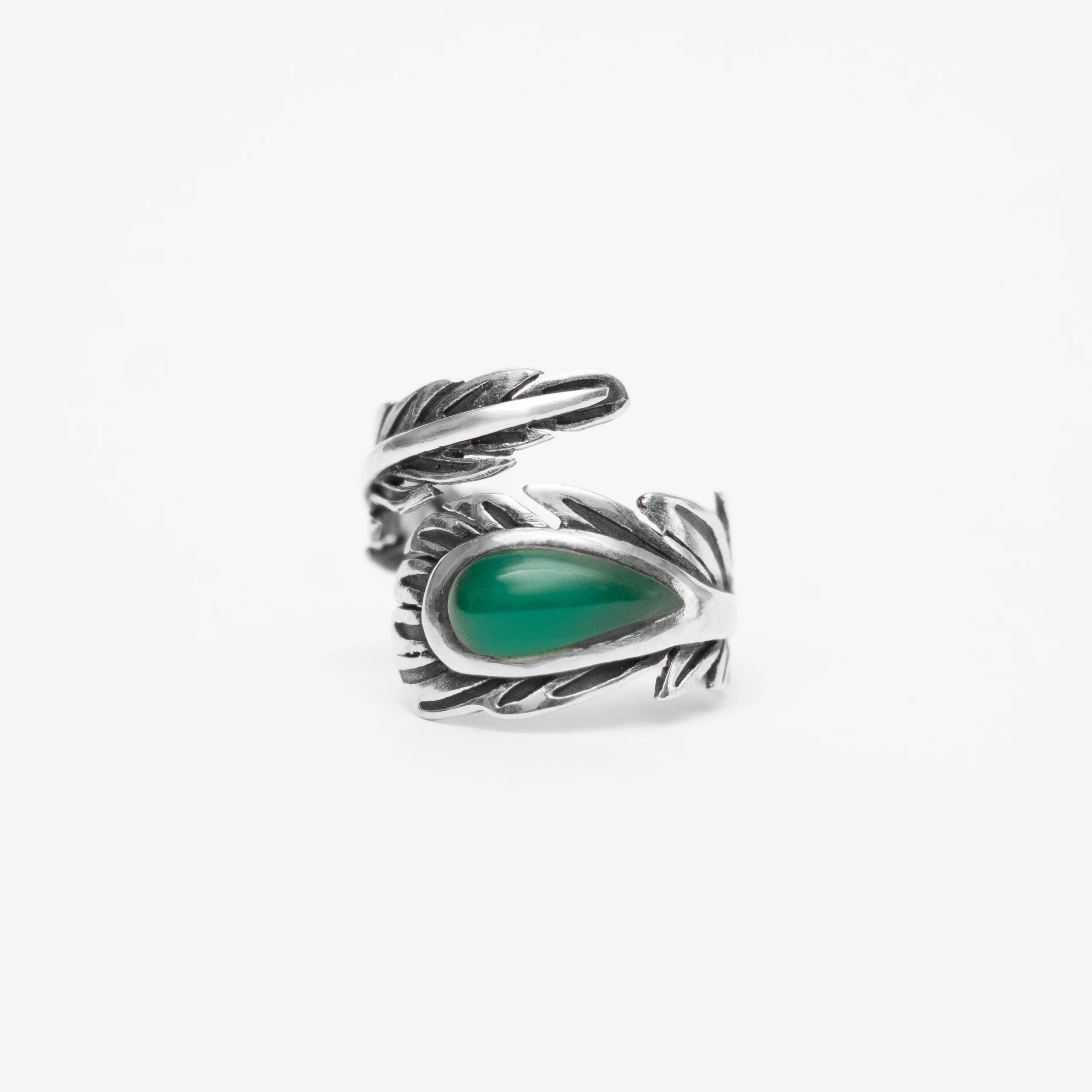 Silver Tree Branch Ring with Green Agate Stone